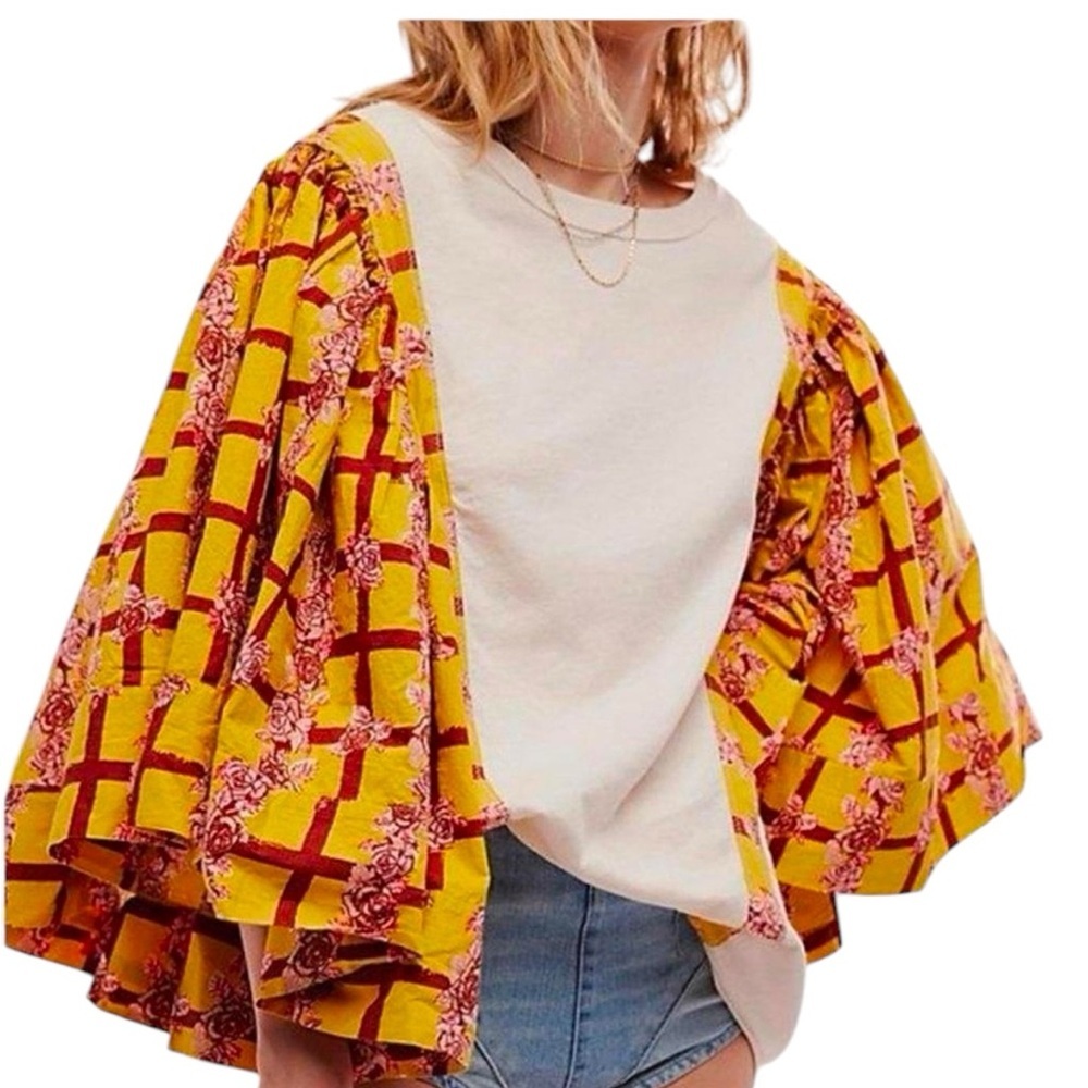 Yellow Floral Grid Kimono Sleeve Top - Unbranded